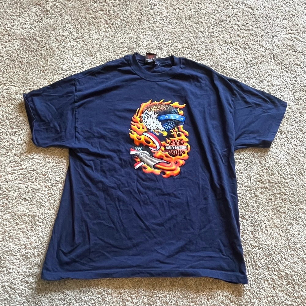 Vintage Y2K 2003 Harley Davidson Flaming Eagle & Snake Double Sided Navy Men 2x